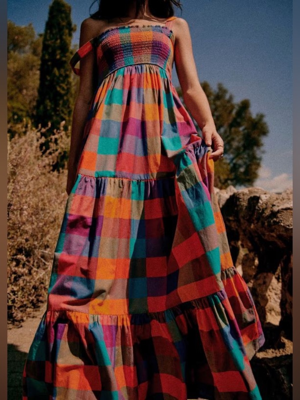 Sezane Millie Multicolor Check Tiered Maxi Dress | Size 36/4